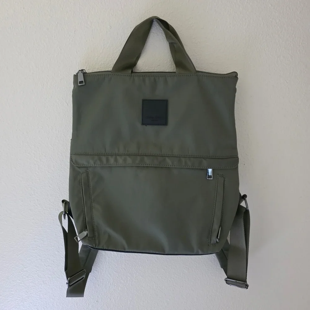 Cynthia Rowley New York Olive Green Nylon Backpack Tote Bag Zippered Pockets
